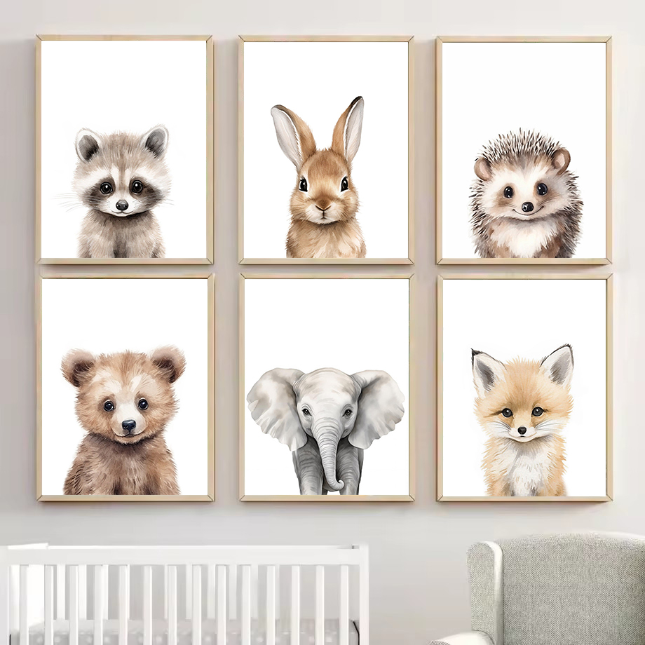Baby Nursery Home - 1枚の水彩画の森の動物たち、子熊、ウサギ、アライグマのポスターカンバス絵画、壁の装飾、子供部屋の装飾