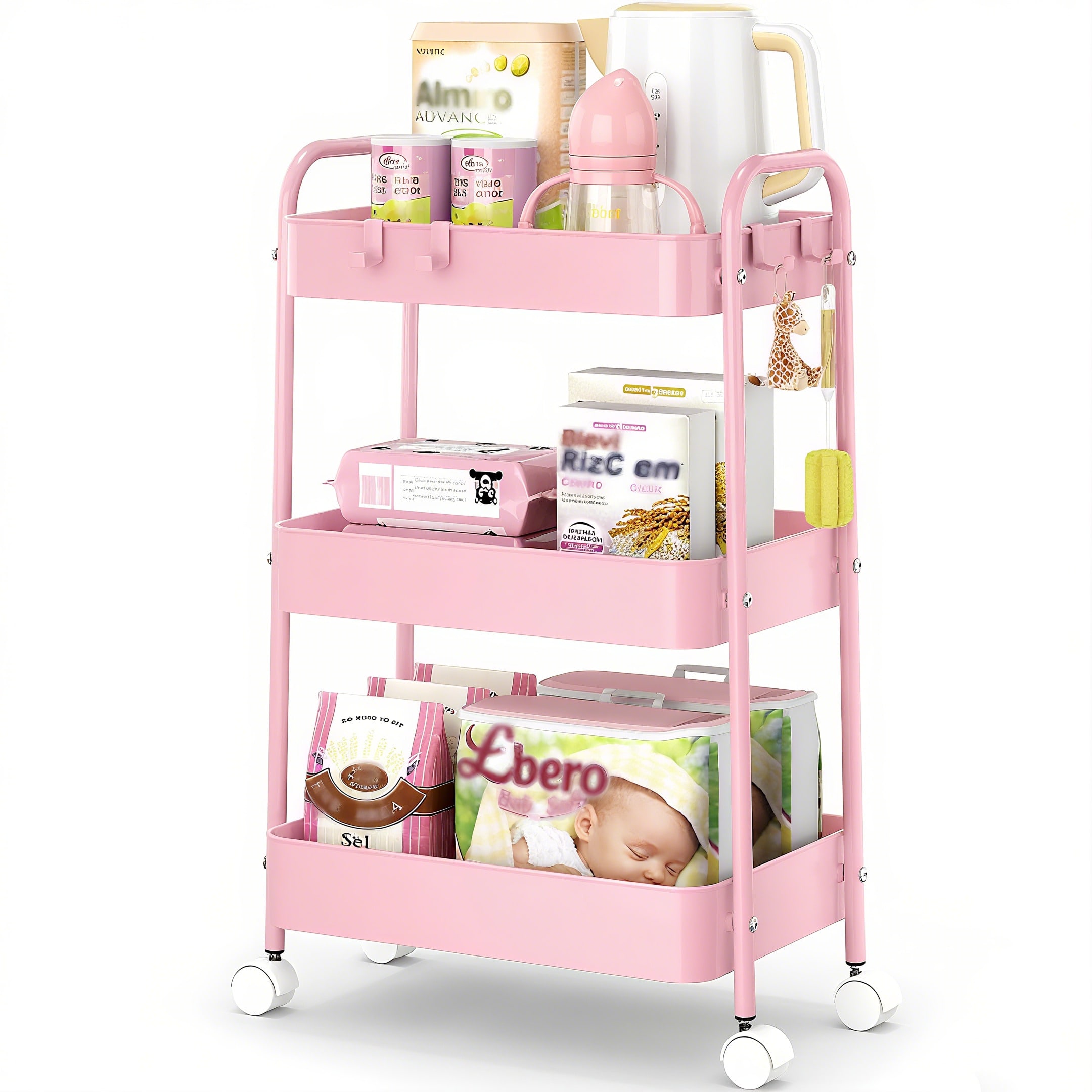 Baby Nursery Essentials - 3段式メタルローリングカート（車輪付き）モダンなピンクのユーティリティ収納カートトロリーオーガナイザー、頑丈なメッシュバスケットユニット、ロック可能なキャスター付き、保育園、ベビー用品、キッチン、バスルーム、オフィス、メイクアップ、新築祝いのギフトに最適