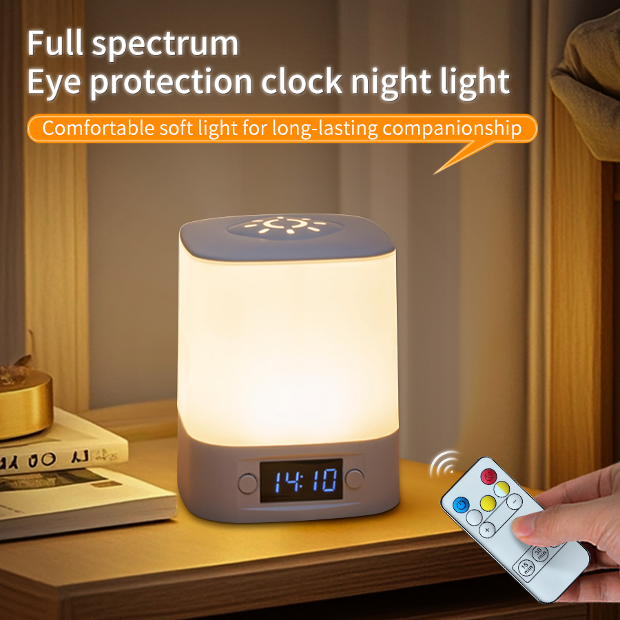Baby Nursery Table Lamp - ポータブル LED ナイトライト 時計時間表示付き 充電式リモコン 寝室