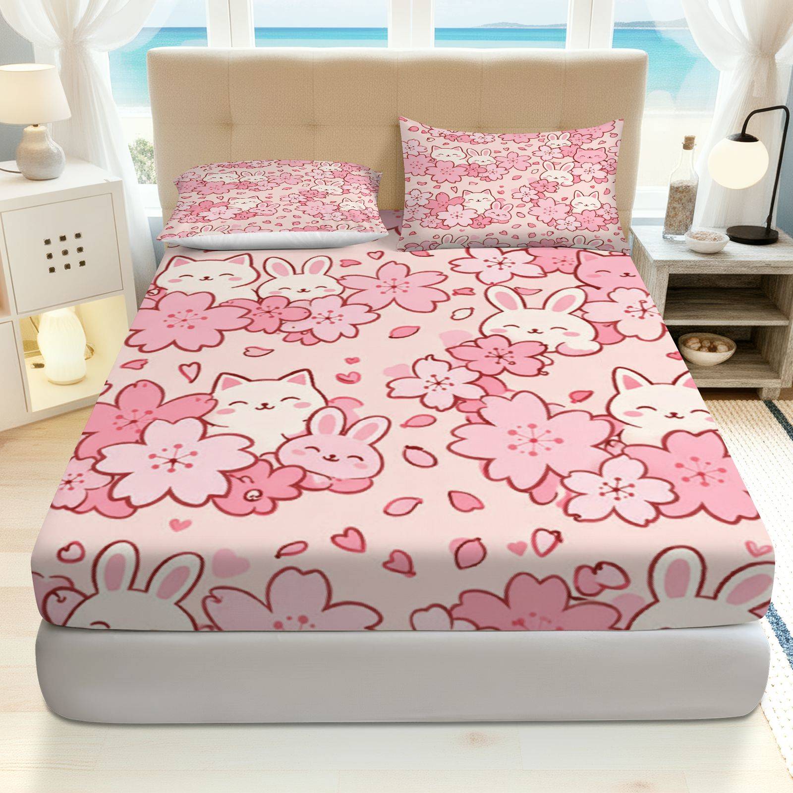 Baby Nursery Home - さくらうさぎの猫柄寝具セット、通気性のあるポリエステル素材（フィットシーツ1枚＋枕カバー2枚を含む）、マットレスプロテクター、伸縮性のあるフィットタイプ、保護カバー、マットレスカバー、クリスマスをテーマにした寝具、ベビー寝具、子供部屋に最適