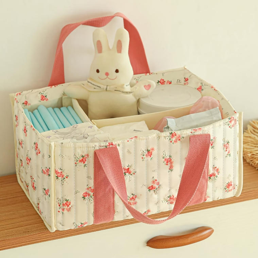 Baby Nursery Essentials - 花柄おむつ収納オーガナイザー、仕切り付きポータブルベビー収納バスケット、新生児必需品のベビーシャワーギフト