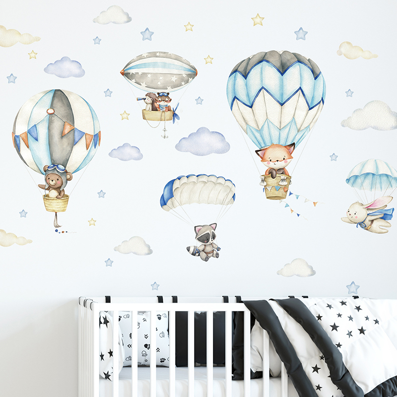 漫画かわいい動物熱気球ウォールステッカーキッズルームベビー保 - Baby Nursery Home のレビューと価格