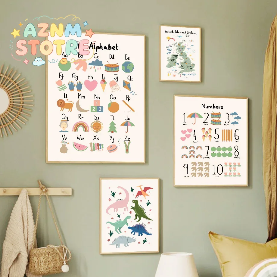 動物世界地図 恐竜 アルファベット 数字 キャンバス ウォー - Baby Nursery Home のレビューと価格